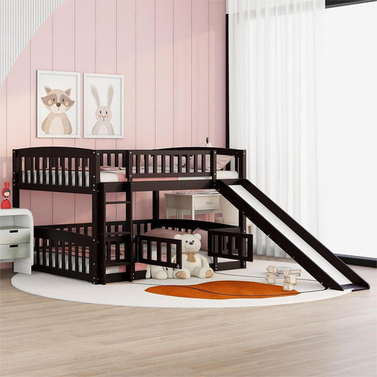 Low Bunk Bed, Full Over Full, Solid Wood with Slide, Ladder, and Guardrails for Shared Bedroom or Guest Room