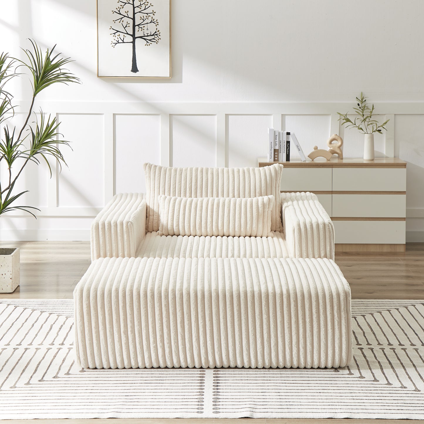 75-Inch Corduroy Sponge Sofa Lounge Chair with Removable footrest,No Assembly Required,Fluffy Modern Sleeper Chair for Indoor Living Room Bedroom