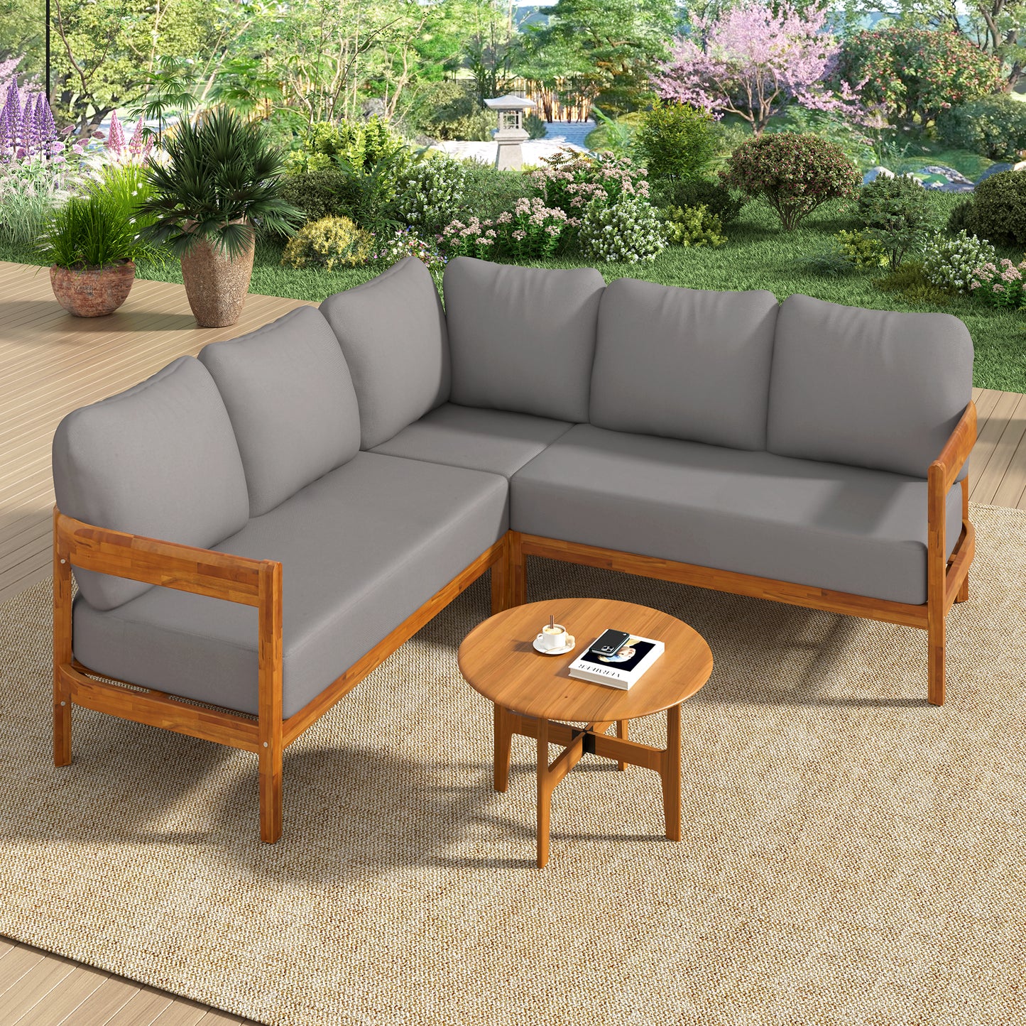 Acacia Solid Wood Outdoor Patio Furniture Set with Arc Frame and 6 Cushions