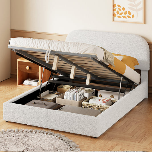 Platform Bed Available in White Teddy with Storage, Available in Full and Queen sizes for Bedroom or Guest Room