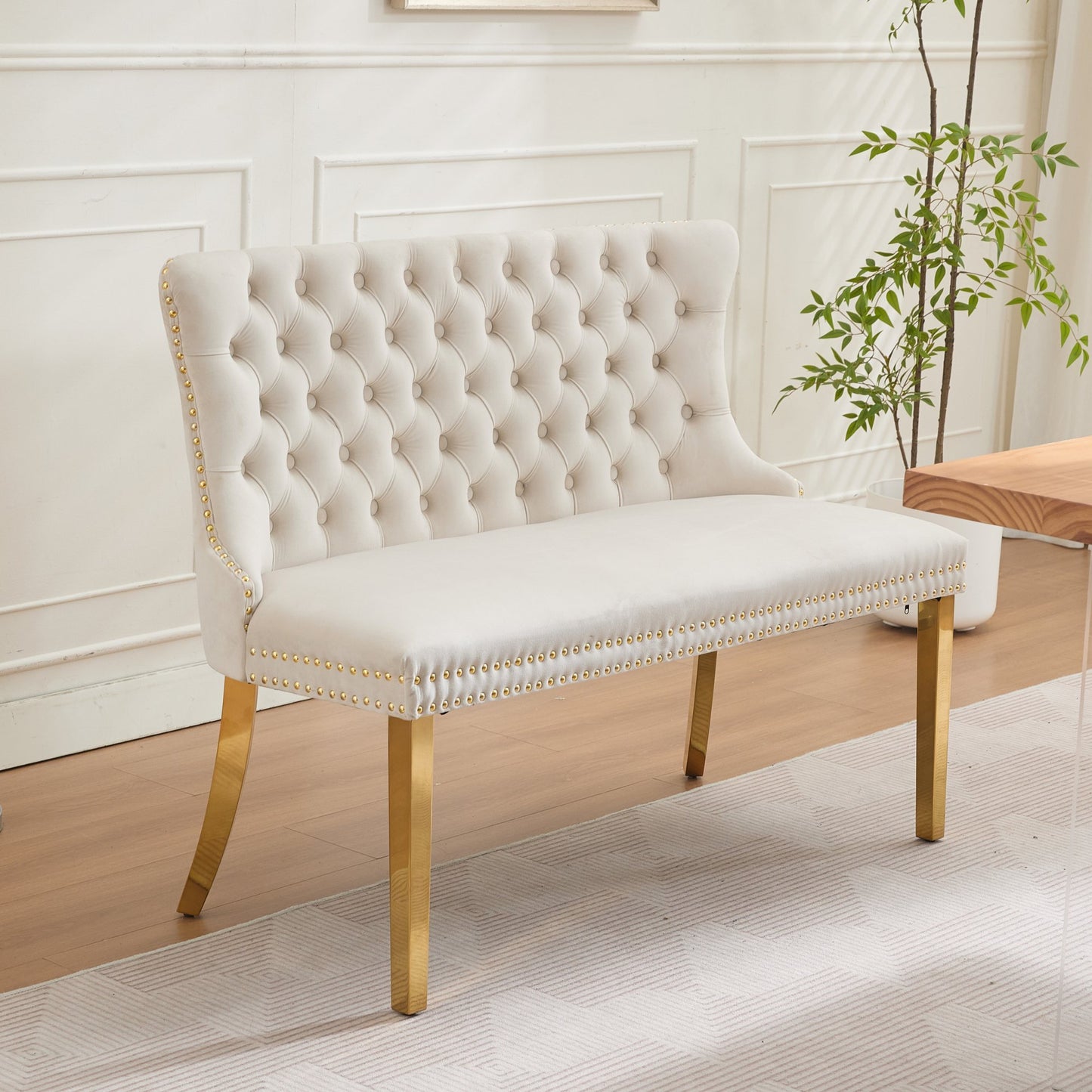 Velvet Double Dining Loveseat Bench, Kitchen & Dining Seating, 2-Seat Tufted Bench w/Handmade Buttons, Wing Back, Gold-P