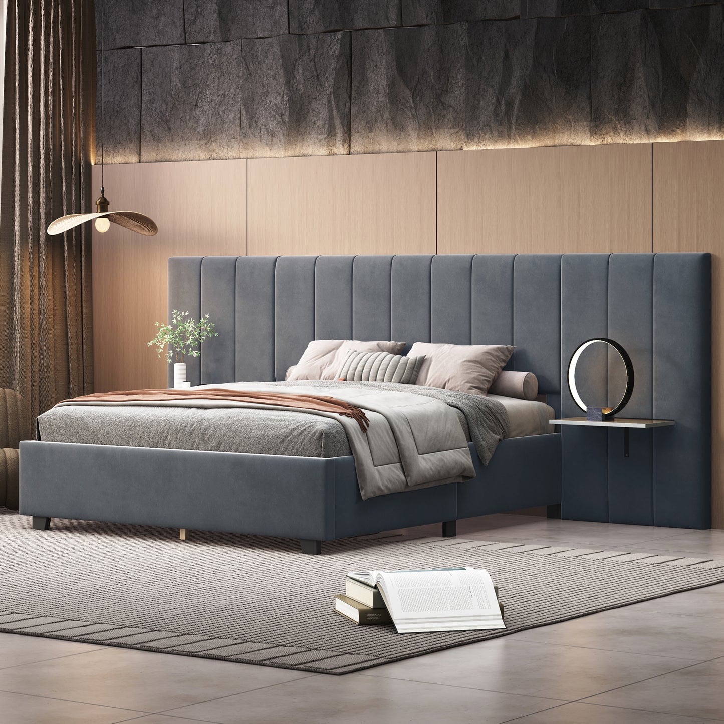 Queen Size Upholstered Platform Bed with Big Headboard, Bedroom Furniture, Velvet