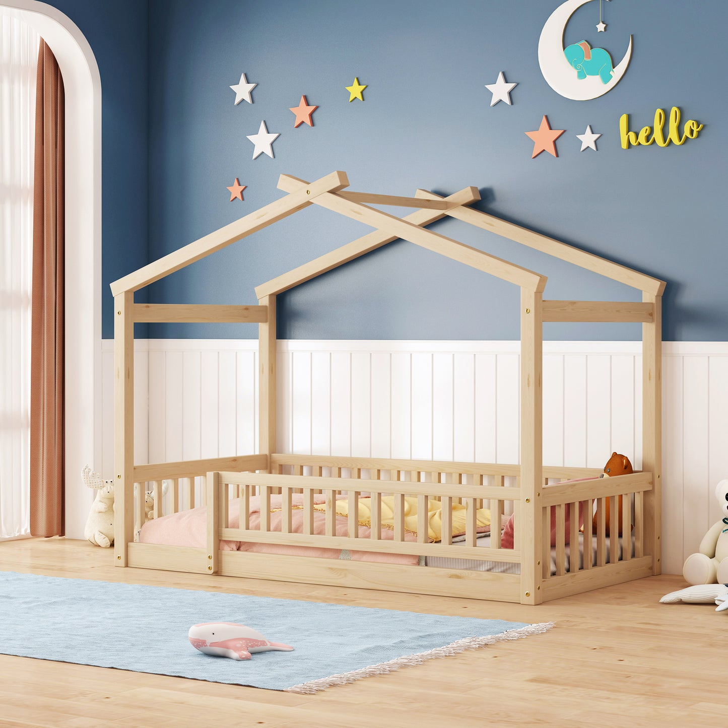 Wood Bed House Bed Frame with Fence for Kids, Teens, Girls, Boys