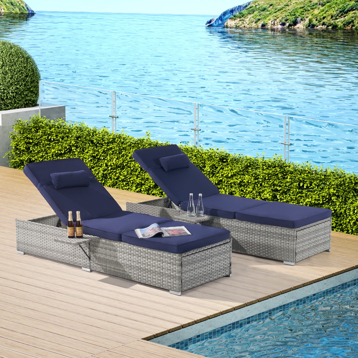 Outdoor PE Rattan Chaise Lounge Set of 2 with Table – Adjustable Patio Reclining Chairs, Wicker Sun Loungers, Weather-Resistant Garden Set