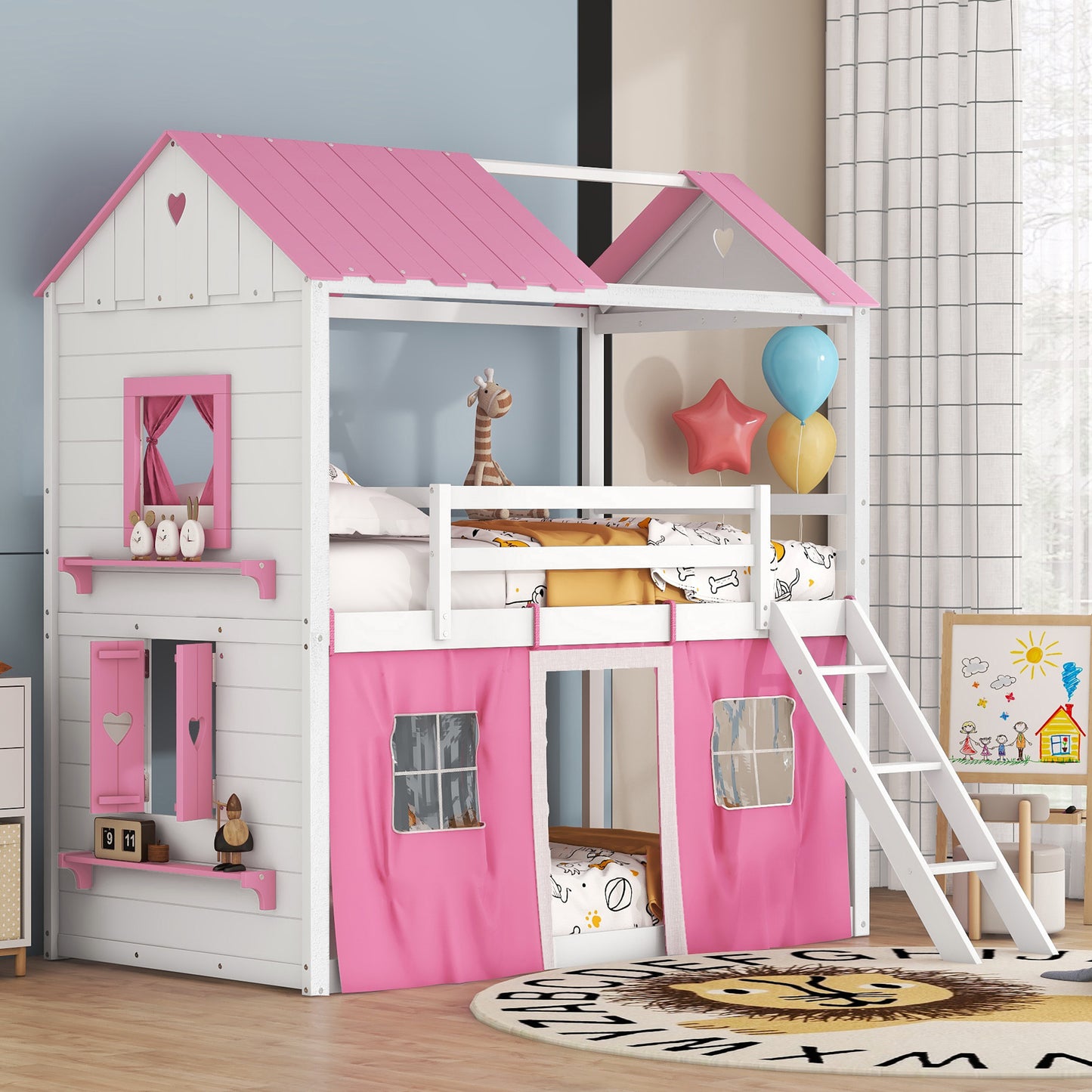 Twin Size Bunk Wood House Bed with Elegant Windows, Sills and Tent