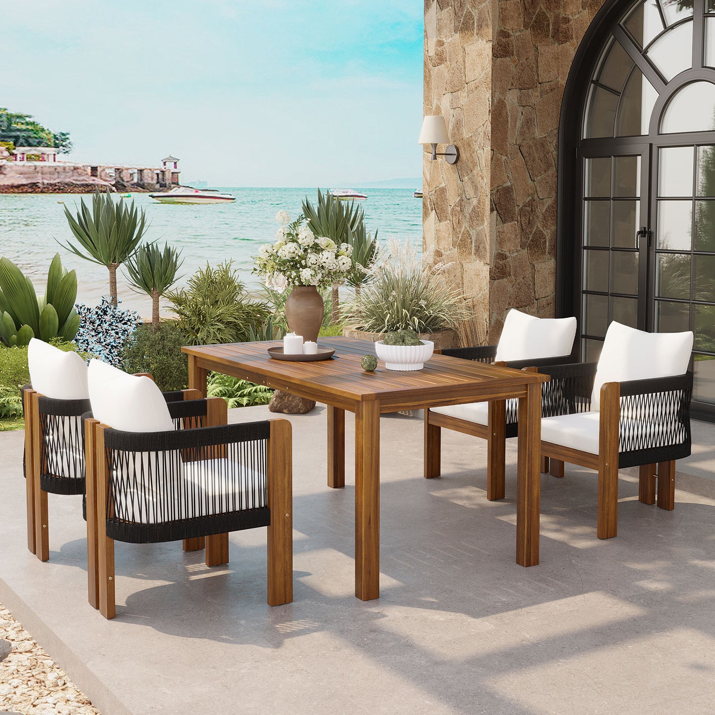 Luxury 5-Piece Outdoor Patio Dining Set for 4, Solid Acacia Wood Dinning Set with Rope Woven Chairs,Farmhouse Dining Furniture Set for Garden, Backyard, Poolside