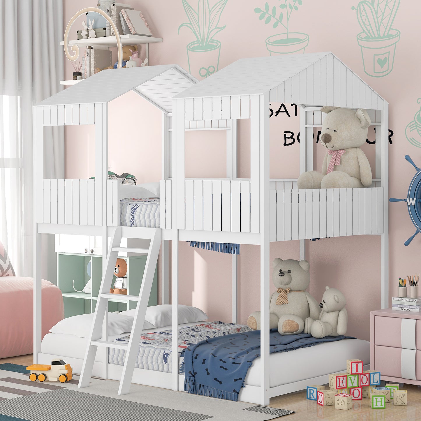 Full Over Full WoodBunk Bed with Roof, Window, Guardrail, Ladder