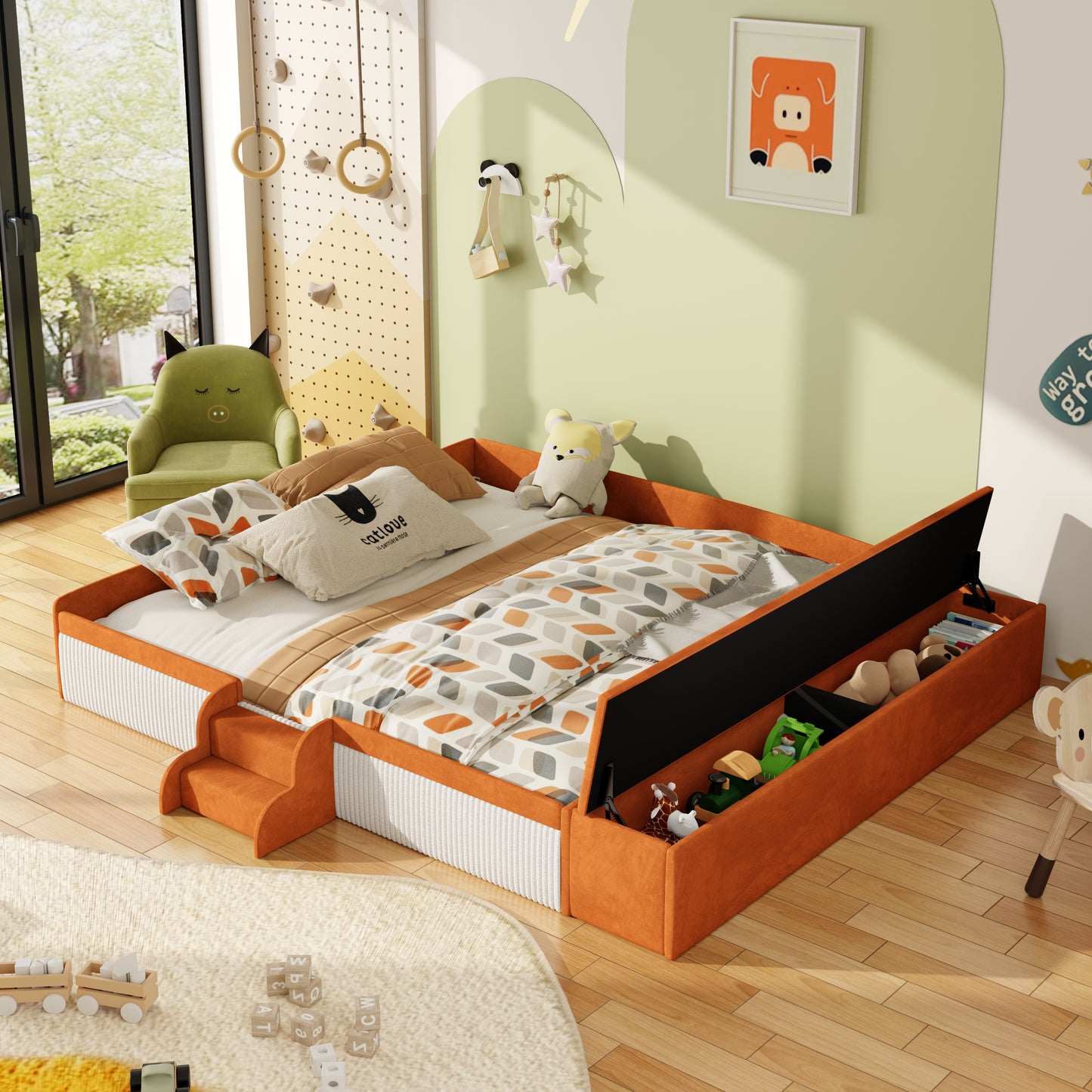 Velvet Upholstered Daybed with Stairs & Gas Lift Storage Ottoman, Contrast Color, Padded Guardrails