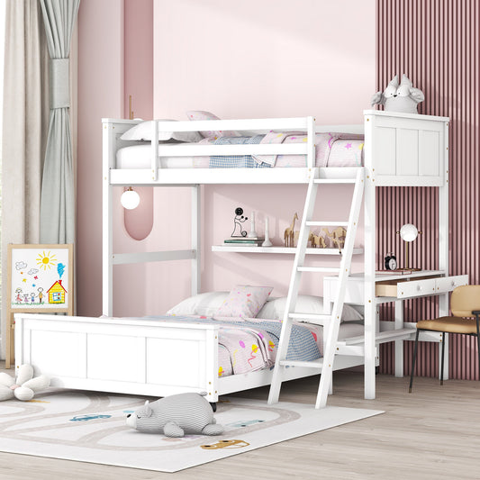 Bunk Bed, Twin Over Full, Solid Wood and MDF with Built-In Desk for Shared Bedroom or Guest Room