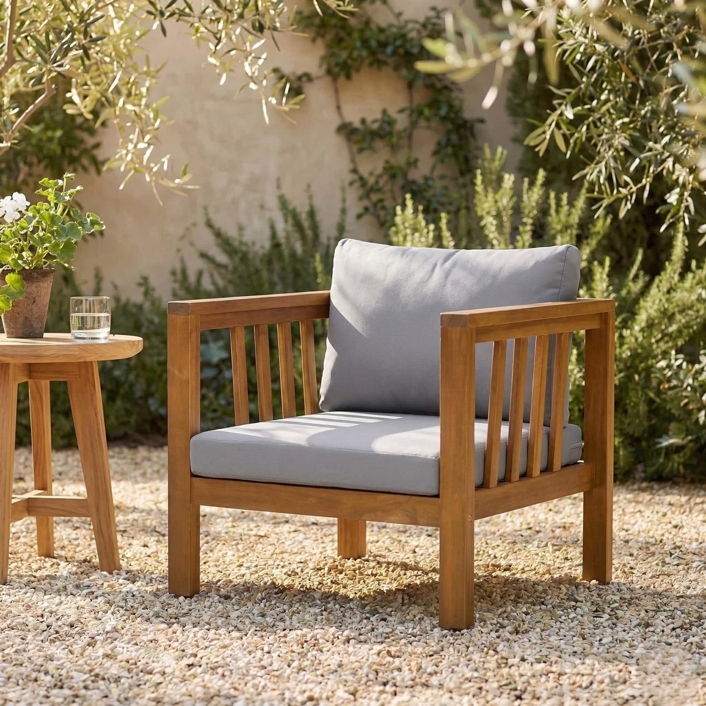 Outdoor Acacia Wood Club Chair with Modern Square Arms, Patio Chair with Thick Cushion, Adjustable Leveling