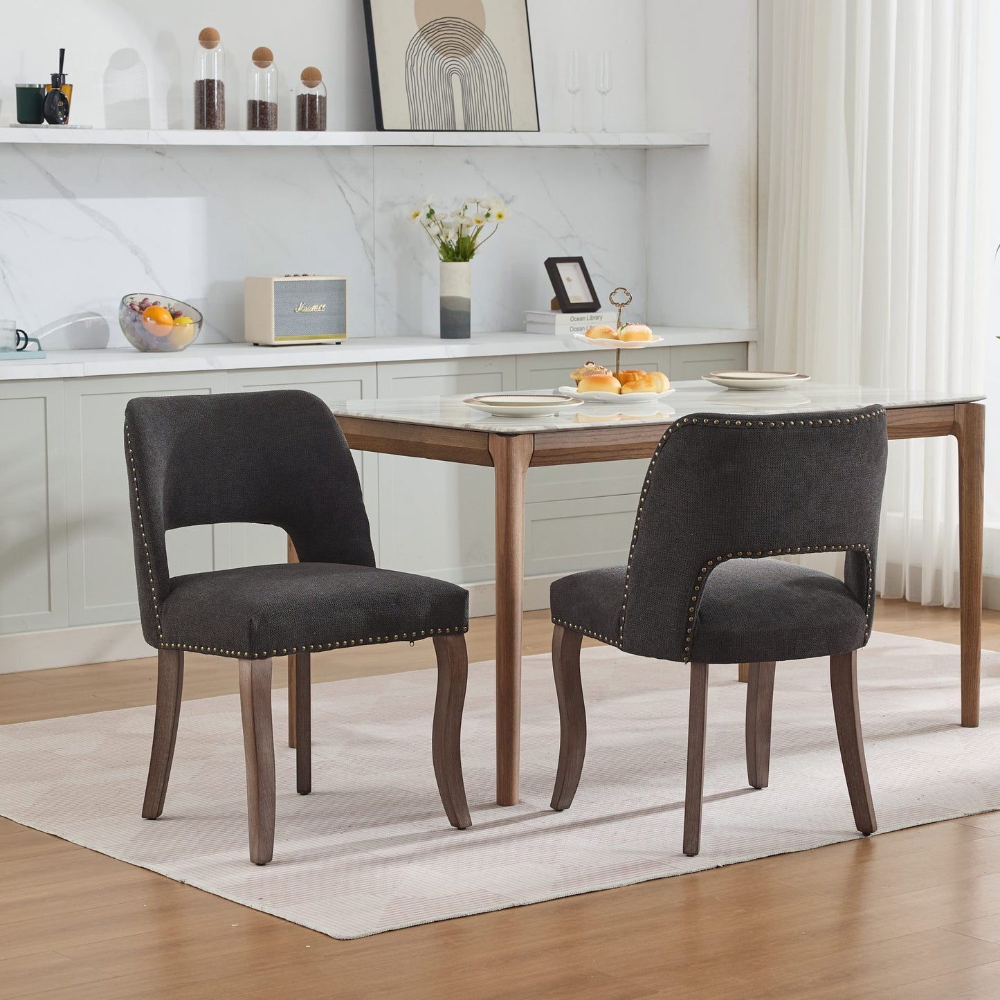 Wooden Dining Chairs Set of 2, Modern Fabric Upholstered Dining Room Chair Kitchen Chairs, Farm