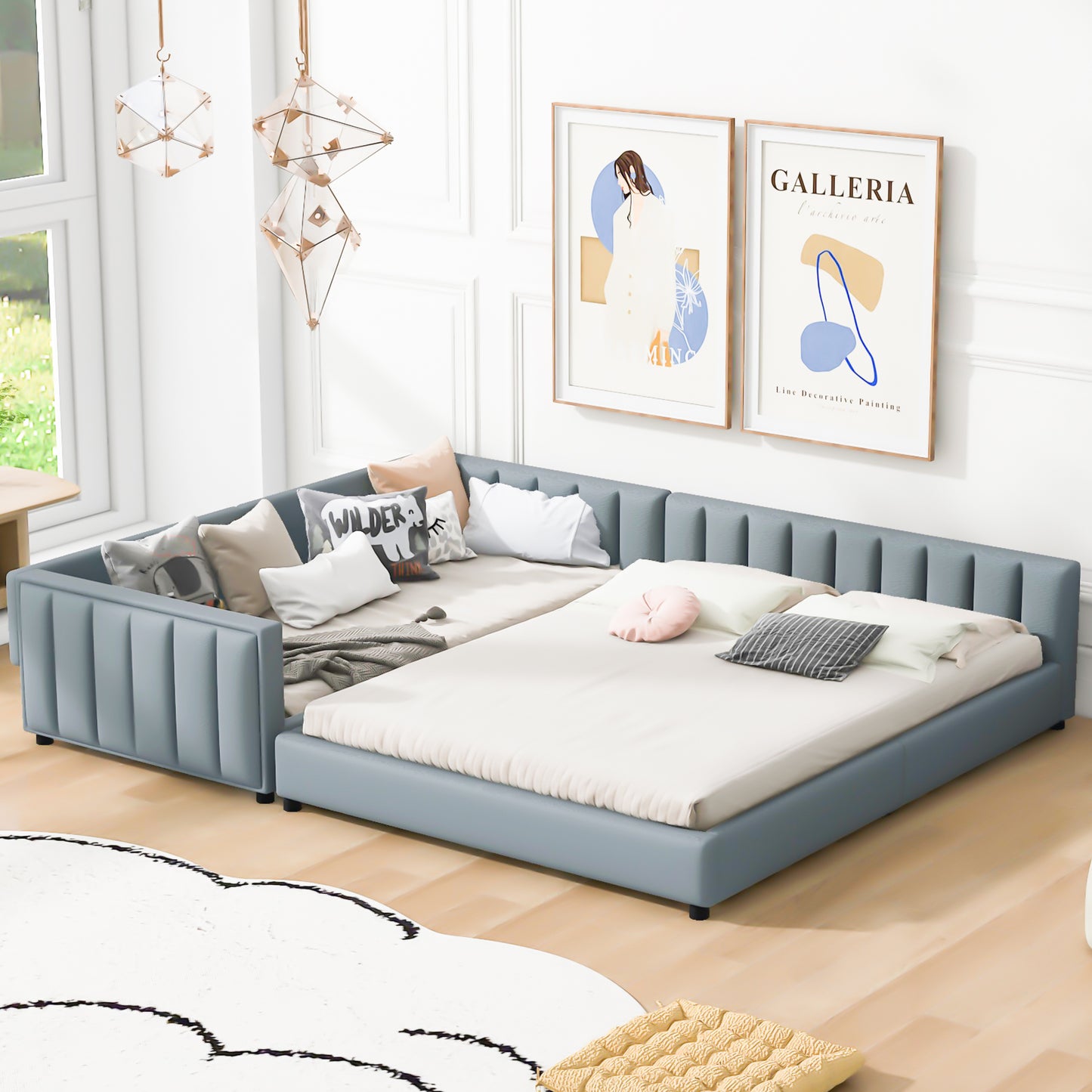 Queen Size & Twin XL Size Upholstered Platform Bed, Mother & Child Bed, PU