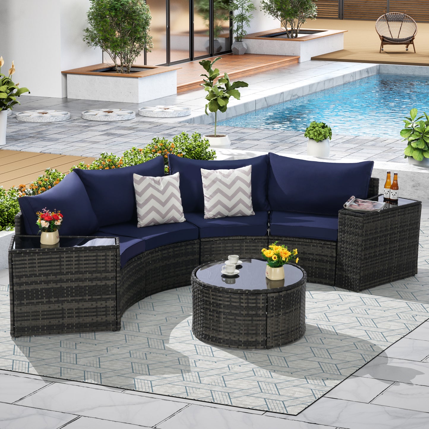 Outdoor Half Moon Sectional Sofa Set – Round Patio Conversation Set with Tempered Glass Coffee Table, Wicker Rattan Furniture