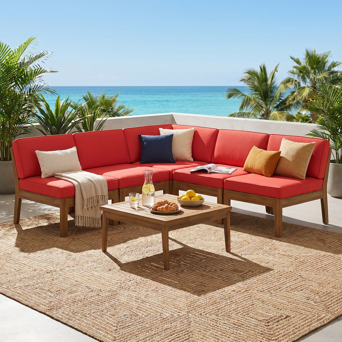 5-Seater Acacia Wood Outdoor Sectional Sofa Set with Coffee Table, Modular Patio Conversation Set with Water-Repellent Cushions, Teak & Red