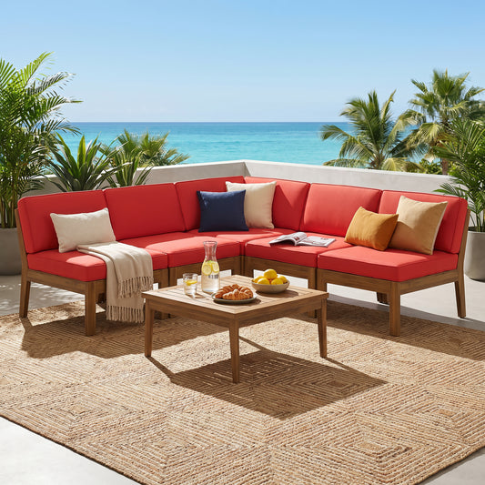 5-Seater Acacia Wood Outdoor Sectional Sofa Set with Coffee Table, Modular Patio Conversation Set with Water-Repellent Cushions, Teak & Red
