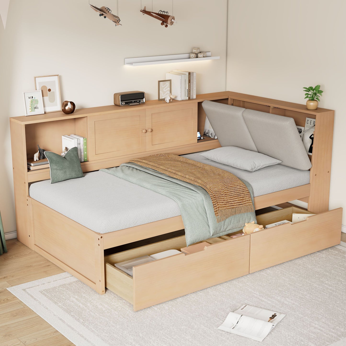 Wooden Twin Size L-shaped Daybed Corner Bed Under-bed Drawers  with Storage Bookcase and Upholstered Headboard and USB Charging Ports for Limited Space,Natural (Old SKU:BS701P214910A)