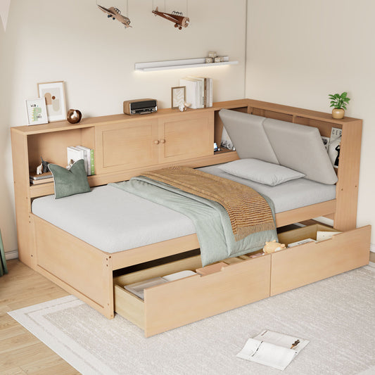 Daybed Natural Wood Modern with Storage and Drawer Storage for Bedroom or Guest Room