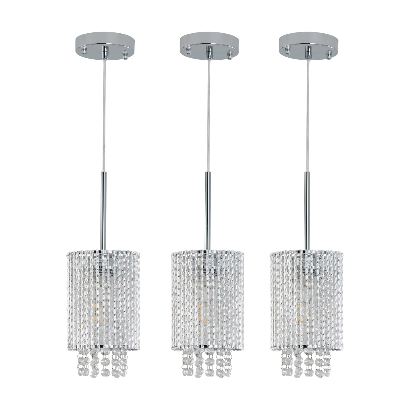Modern Crystal Pendant Light 3-Pack Adjustable Chrome Hanging Ceiling Fixture with Clear Beads, Elegant Design for Kitchen Island, Dining Room, or Living Room (No Bulbs)
