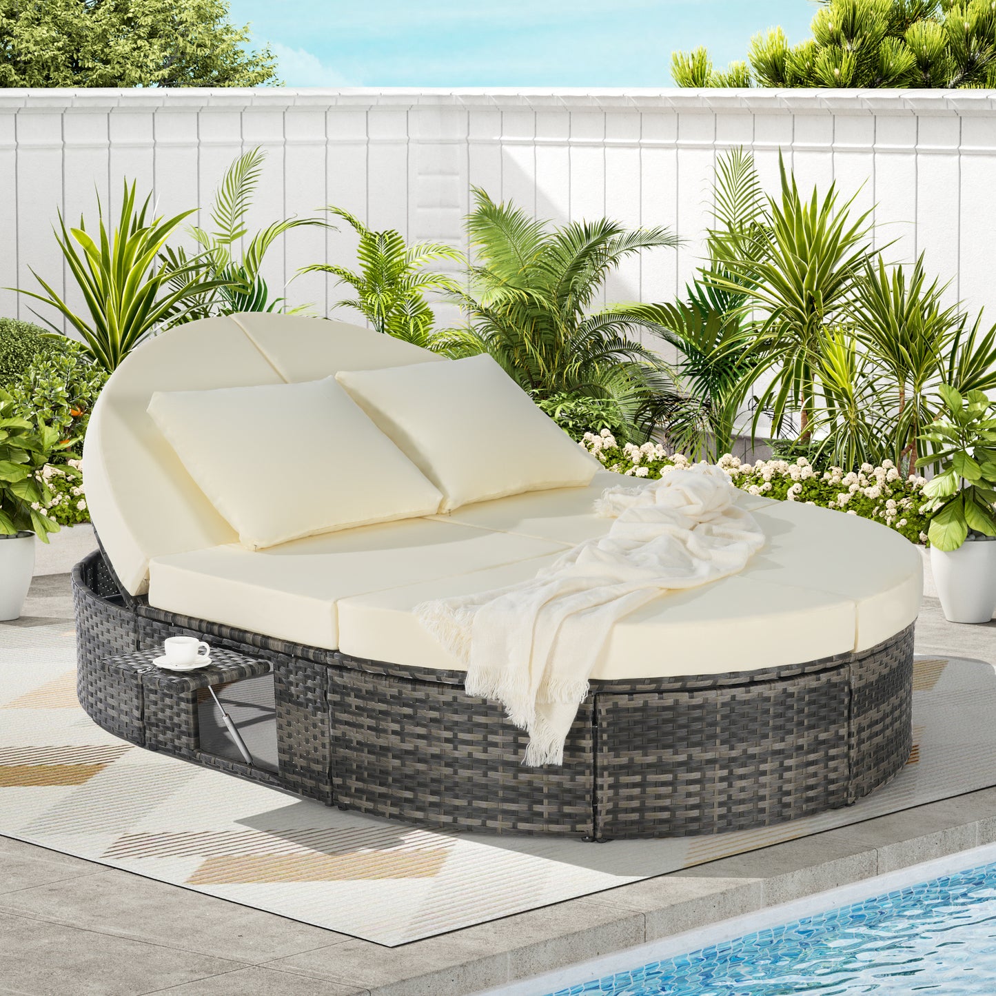 Outdoor Round Wicker Daybed – Rattan Patio Lounge with Adjustable Backrests & Cup Holders, Garden Sunbed