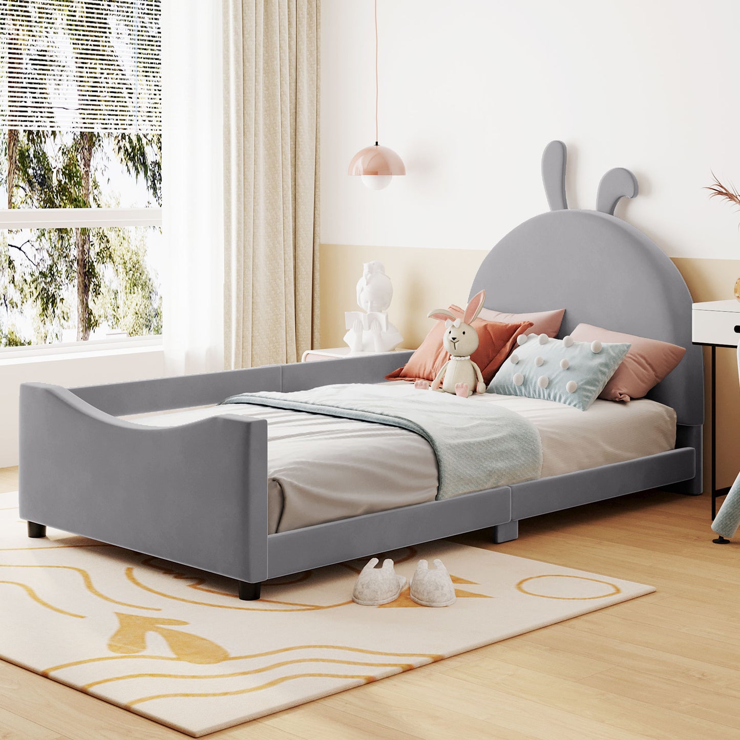 Twin Size Upholstered Daybed with Rabbit Ear Shaped Headboard