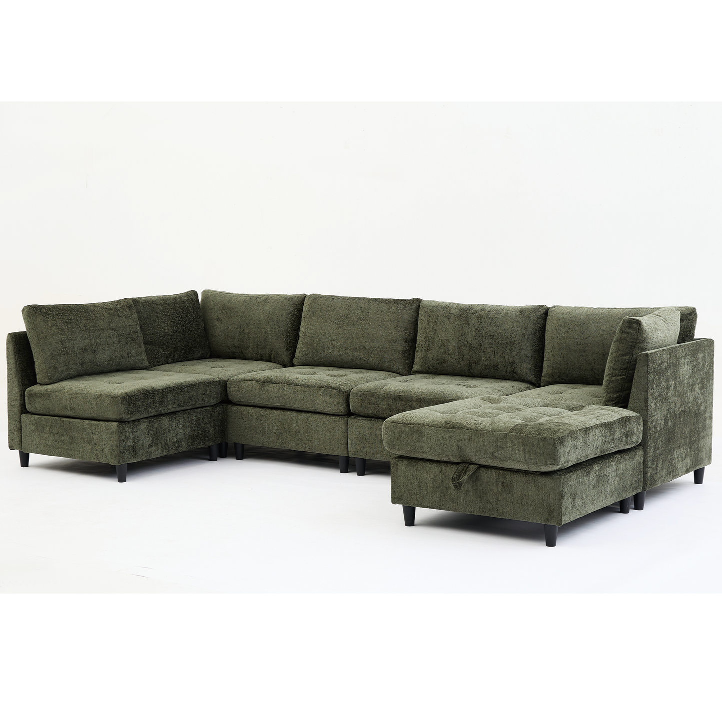 Modular Sectional Couch with Storage Ottoman, U Shaped Sofa, Storage Ottoman,Minimalist ,Convertible Modular Sofa,Chenille ,Upholstered,6 Seat,Living Room,   Green
