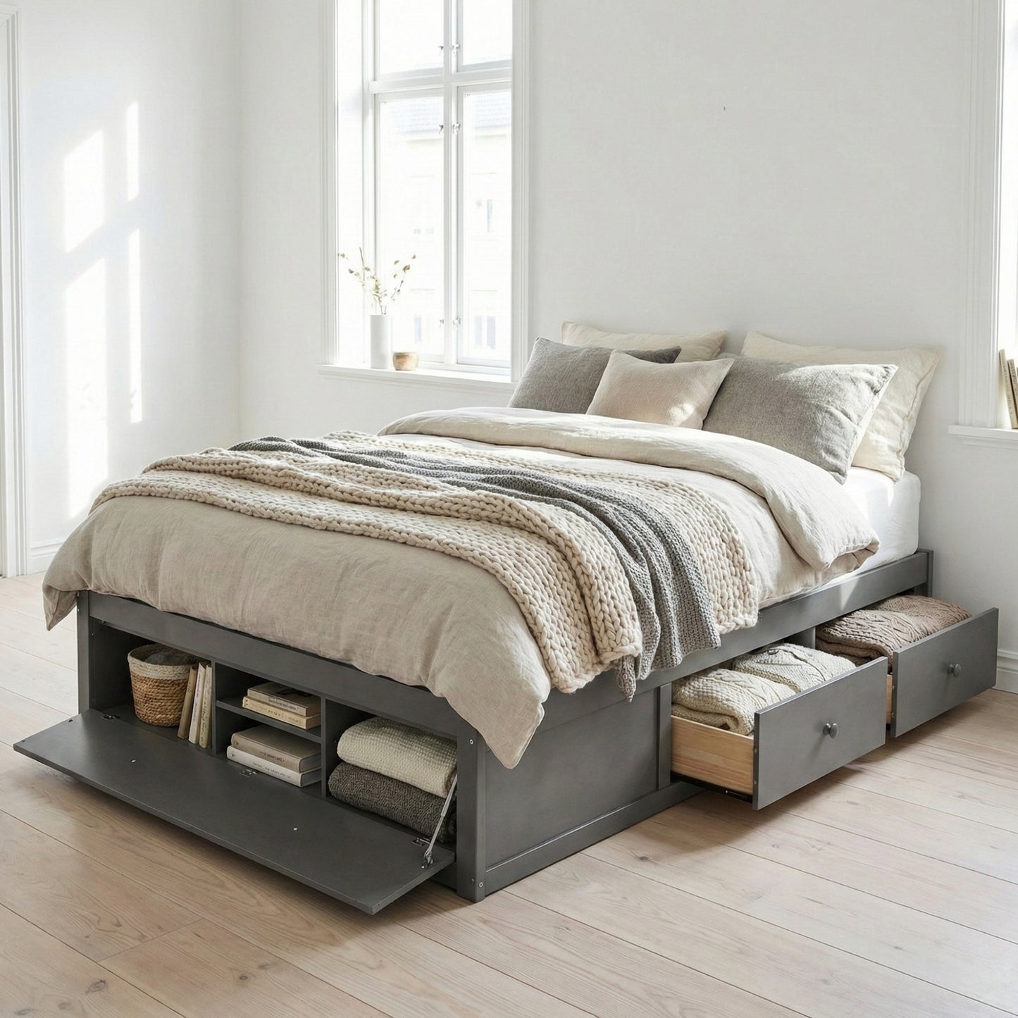Platform Bed Frame with 4 Storage Drawers and Hydraulic Lift Footboard Storage, No Headboard