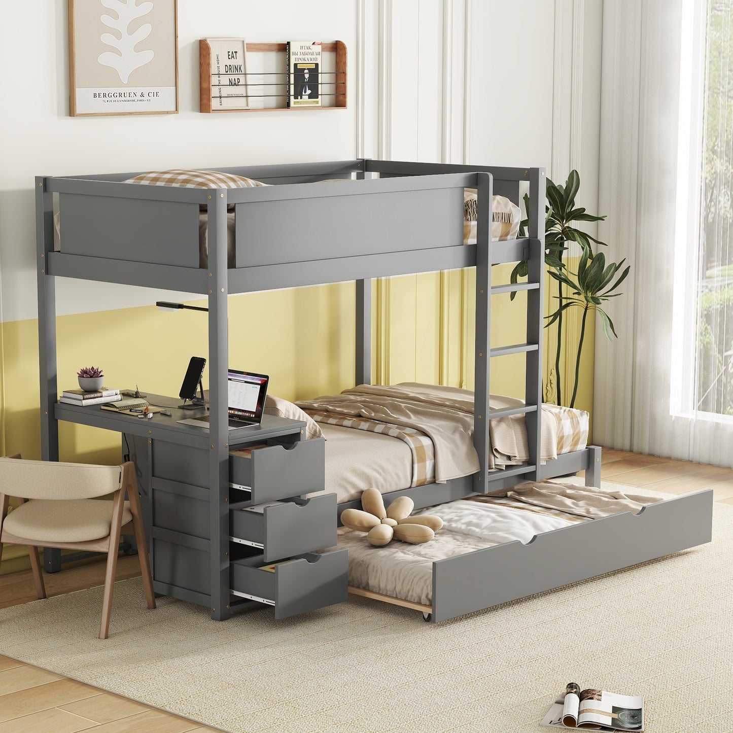 Twin-Over-Twin Bunk Bed with Twin size Trundle, Storage and Desk