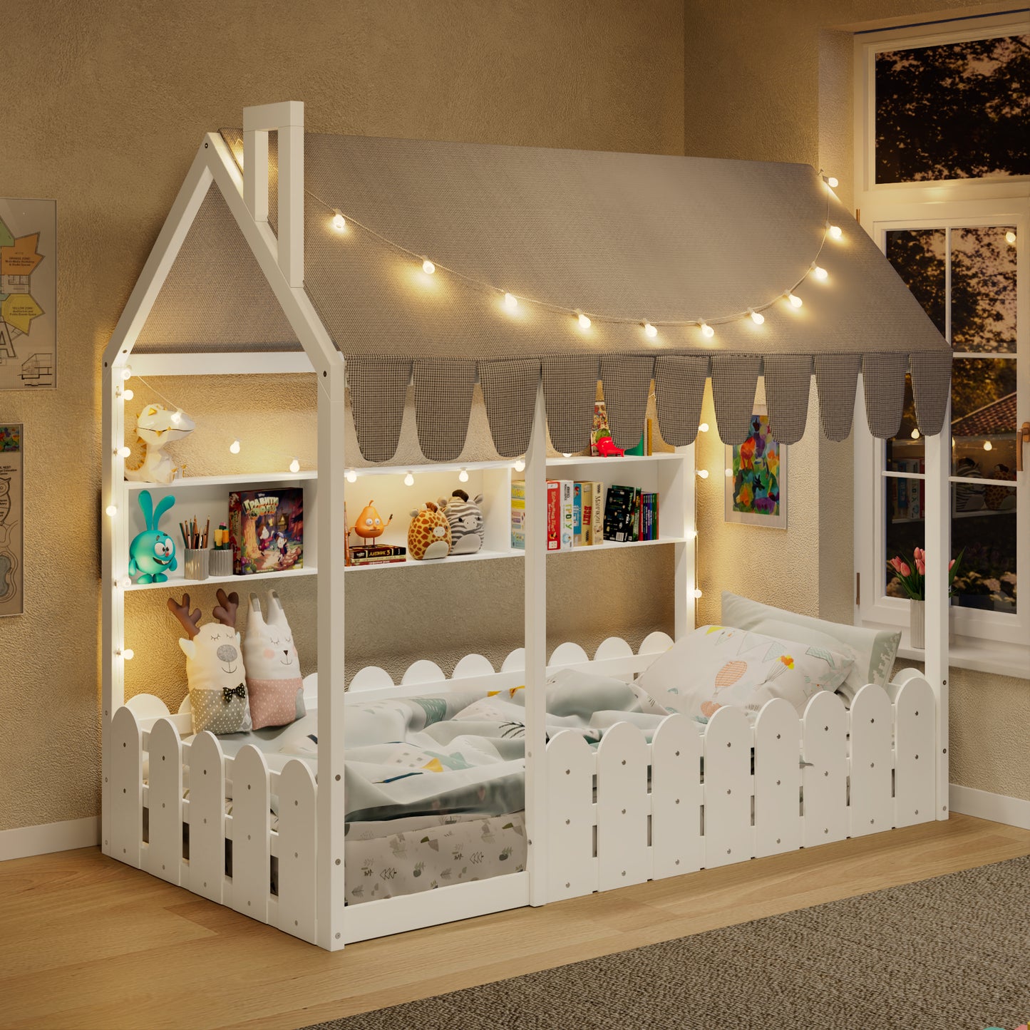 Slats are not included} Twin Size Montessori House Bed for Kids, Floor Bed with Fence Railings, Tent, Lights & 3 Storage