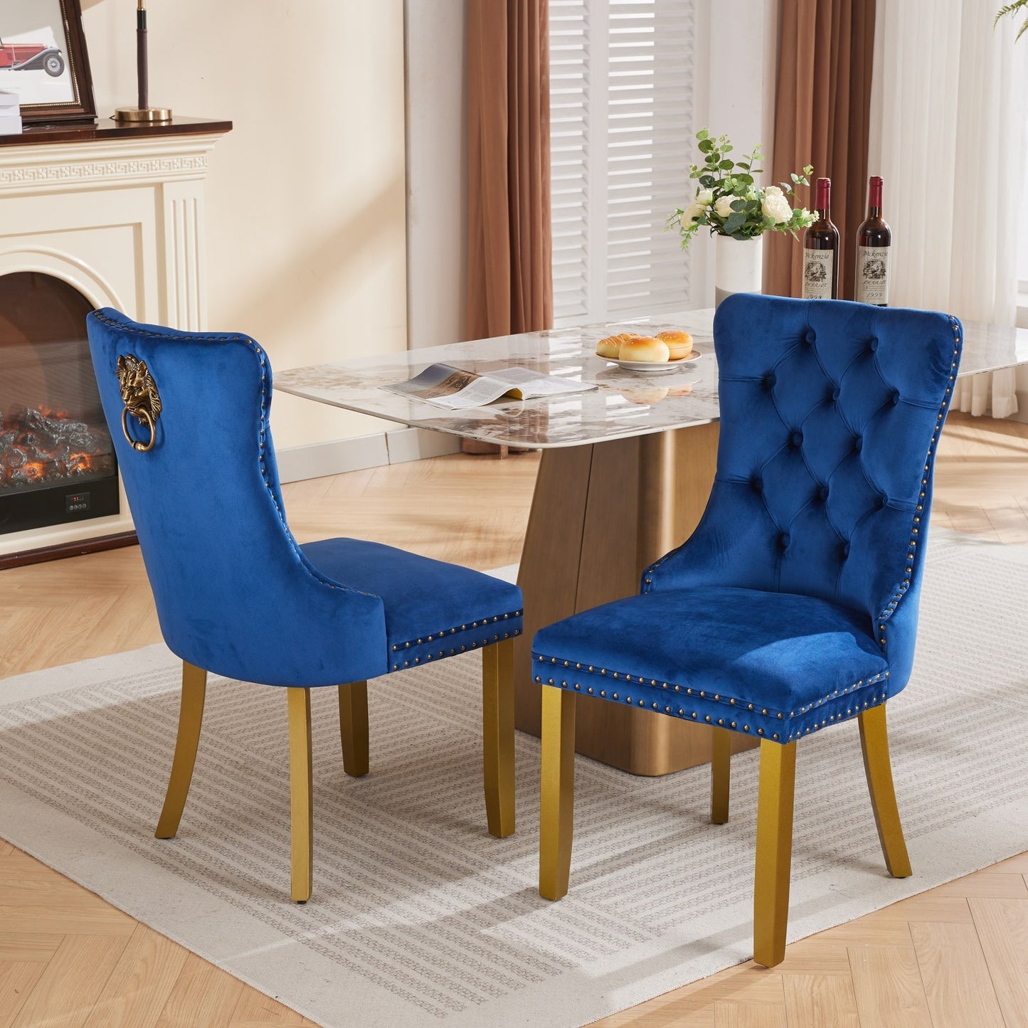 Mid-Century Modern Tufted Velvet Dining Chairs with Lion Head Pull Ring, Golden Wooden Legs