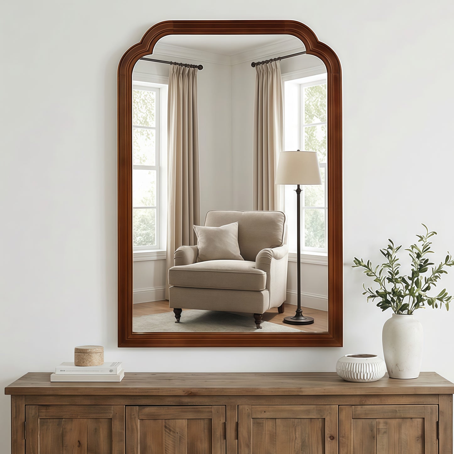 Solid Wood Frame Rounded Corner Decorative Mirror for Bedroom, Bathroom, Living Room, Entryway
