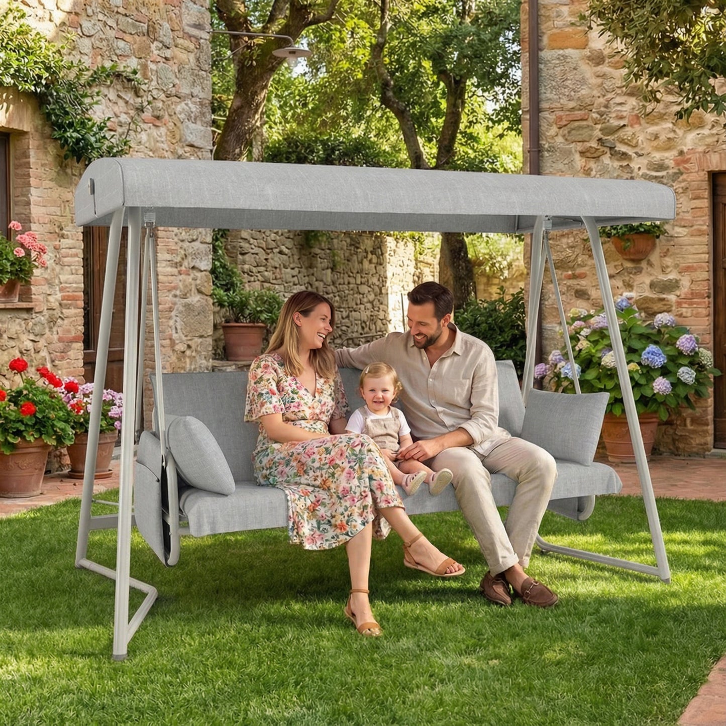 3-in-1 Hanging Patio Swing Bed with Adjustable Canopy,3-Seater Supports 600 lbs ,45°Tilt Canopy,Outdoor Waterproof