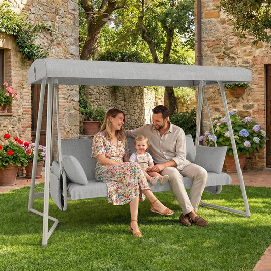 3-in-1 Patio Swing Bed with Adjustable Canopy, 3-Seat Outdoor Daybed Swing