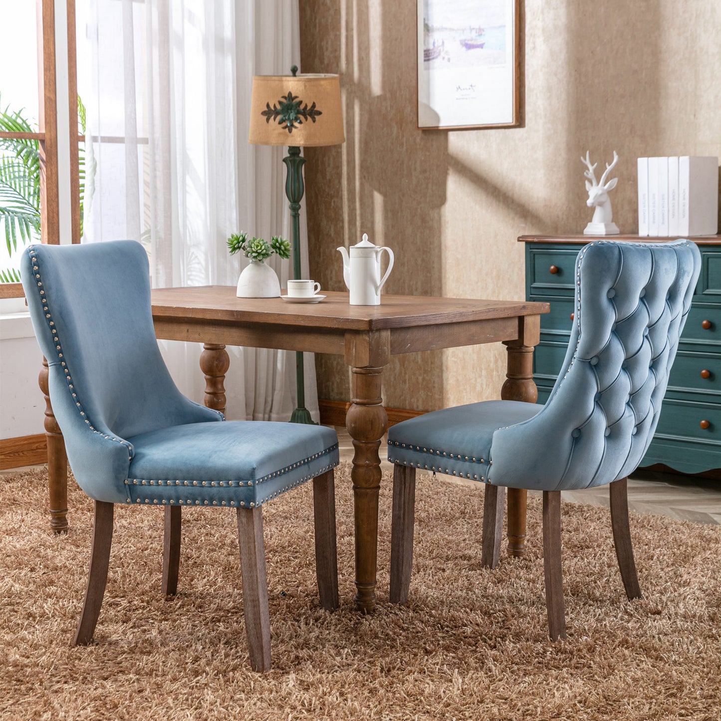Upholstered Wing-Back Dining Chair with Backstitching Nailhead Trim and Solid Wood Legs,