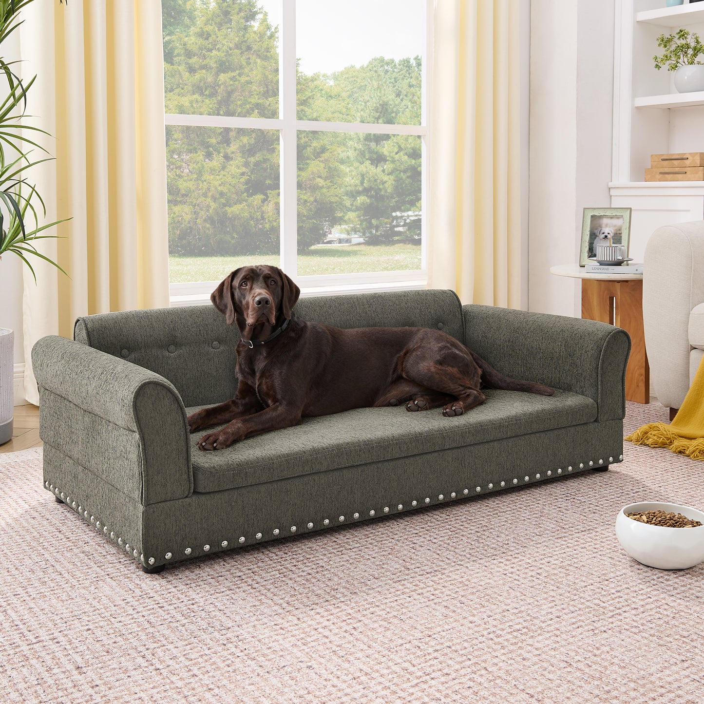 Elegant Modern Linen Fabric Elevated Dog Sofa Bed with Backrest & Armrest for Large Dogs