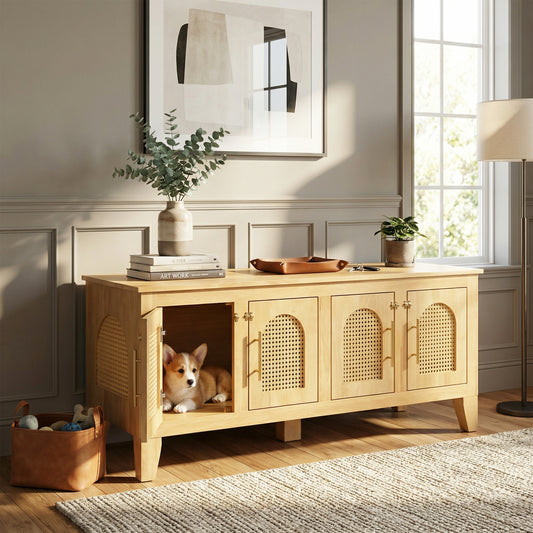 Rattan Wooden Dog Crate Cabinet with Storage – Indoor Rubber Wood Pet Kennel Furniture with 4 Doors