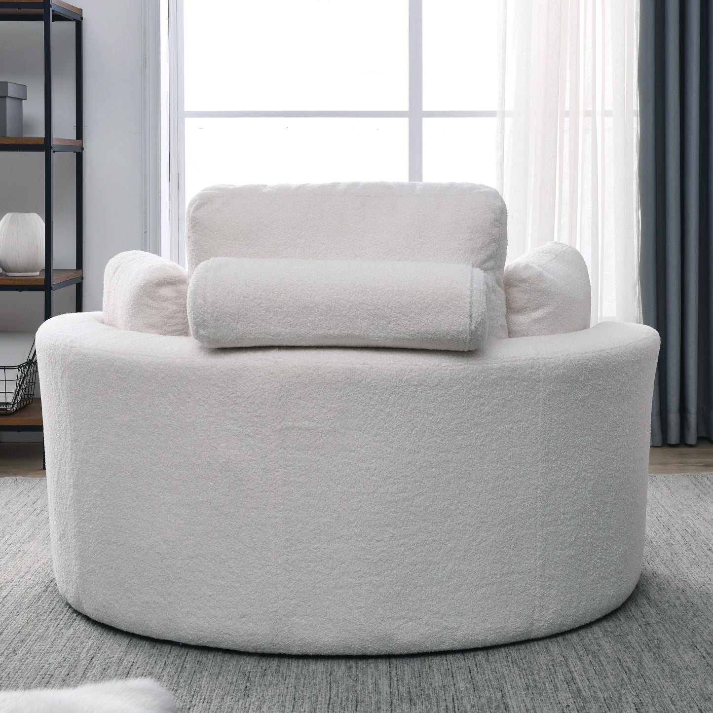 Swivel Accent Barrel Modern Sofa Lounge Club Big Round Chair with Storage Ottoman Linen Fabric for Living Room Hotel with Pillows,Teddy White (Ivory)