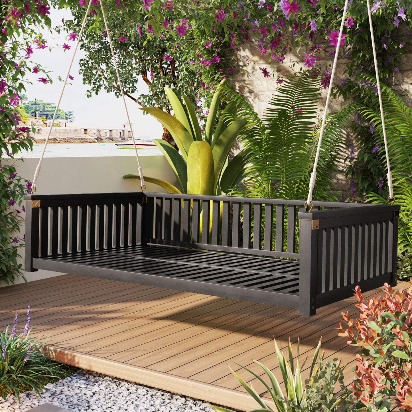 Patio Minimalist Twin Size Garden Swing Bed Wood Porch Swing with Ropes for Backyard, Safe Sloped Design