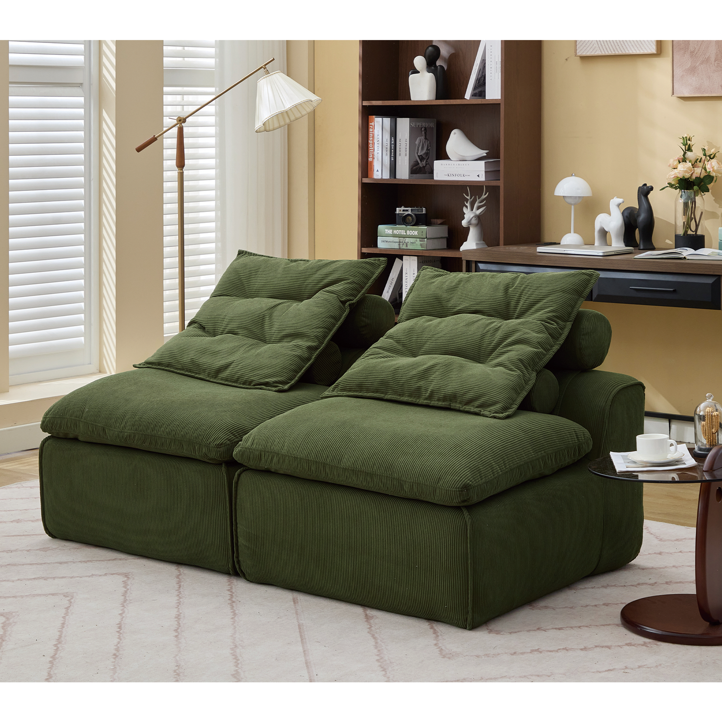 Modular Sofa,No Armrests,At will DIY,Soft Corduroy Fabric,Neck Pillow-Back Lounge Sofa Chair,Reading Nook, or Apartment Living, Lumbar Pillow,2 Seats,Upholstered,Green