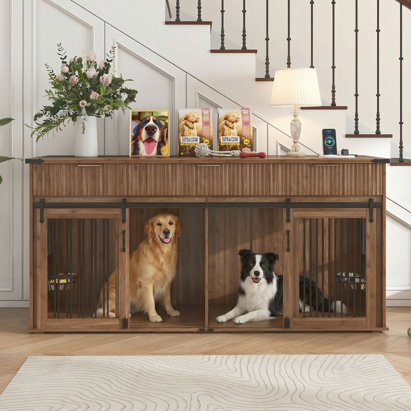71" Double Dog Crate Furniture with Fluted Drawers – Large Wooden Dog Kennel Console Table with Waterproof Woodgrain Top