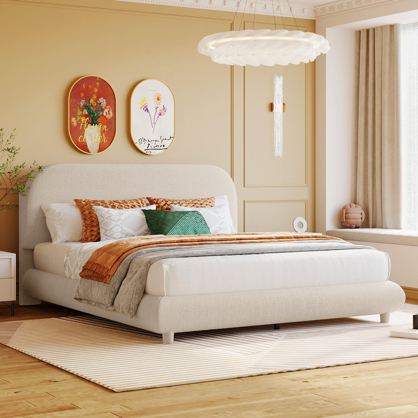 Teddy Fleece Upholstered Platform Bed with Thick Fabric, Solid Frame and Stylish Curve-shaped Design