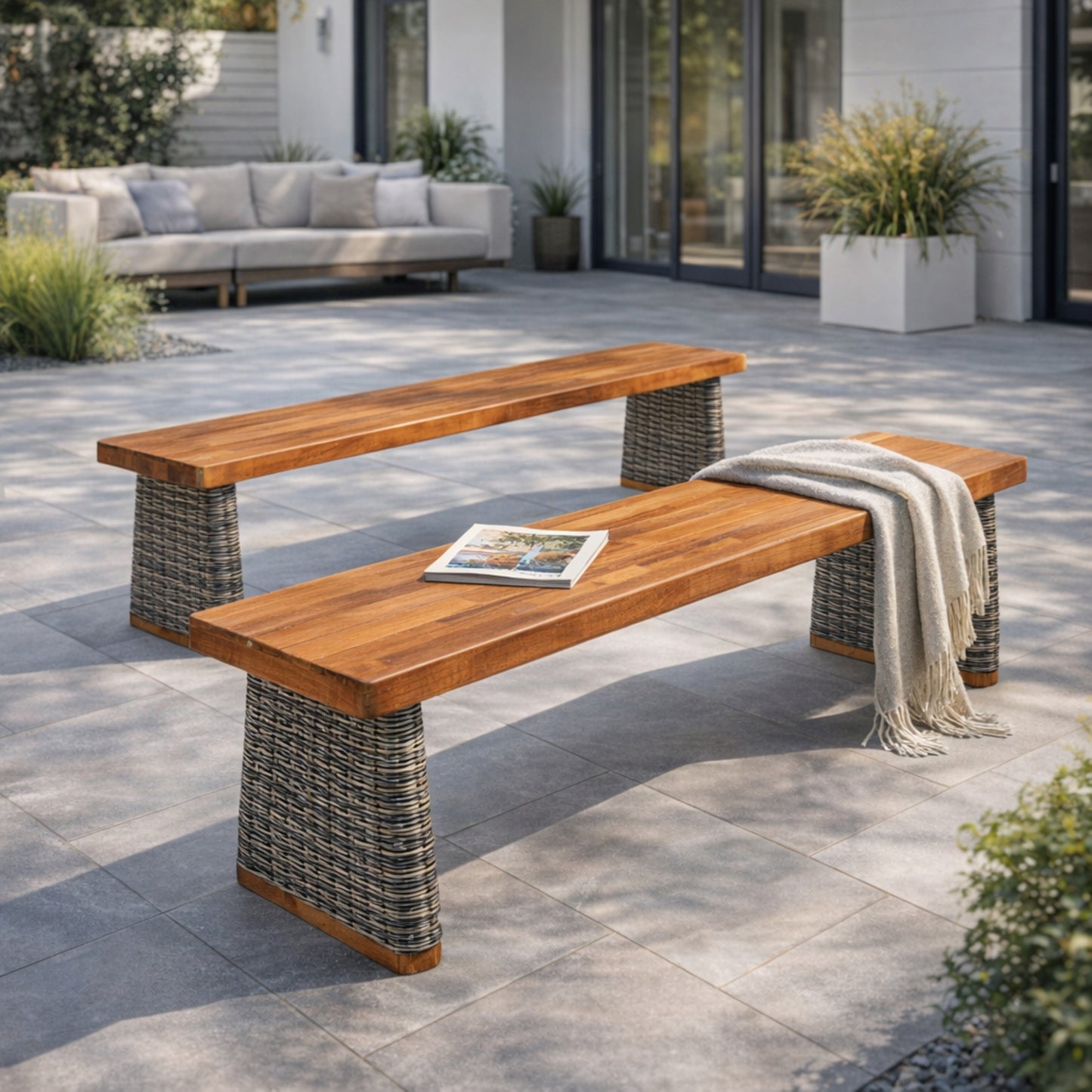 Outdoor Acacia Wood Bench Set of 2 – Teak Finish Patio Benches with Handwoven Rattan Legs and Slat Design