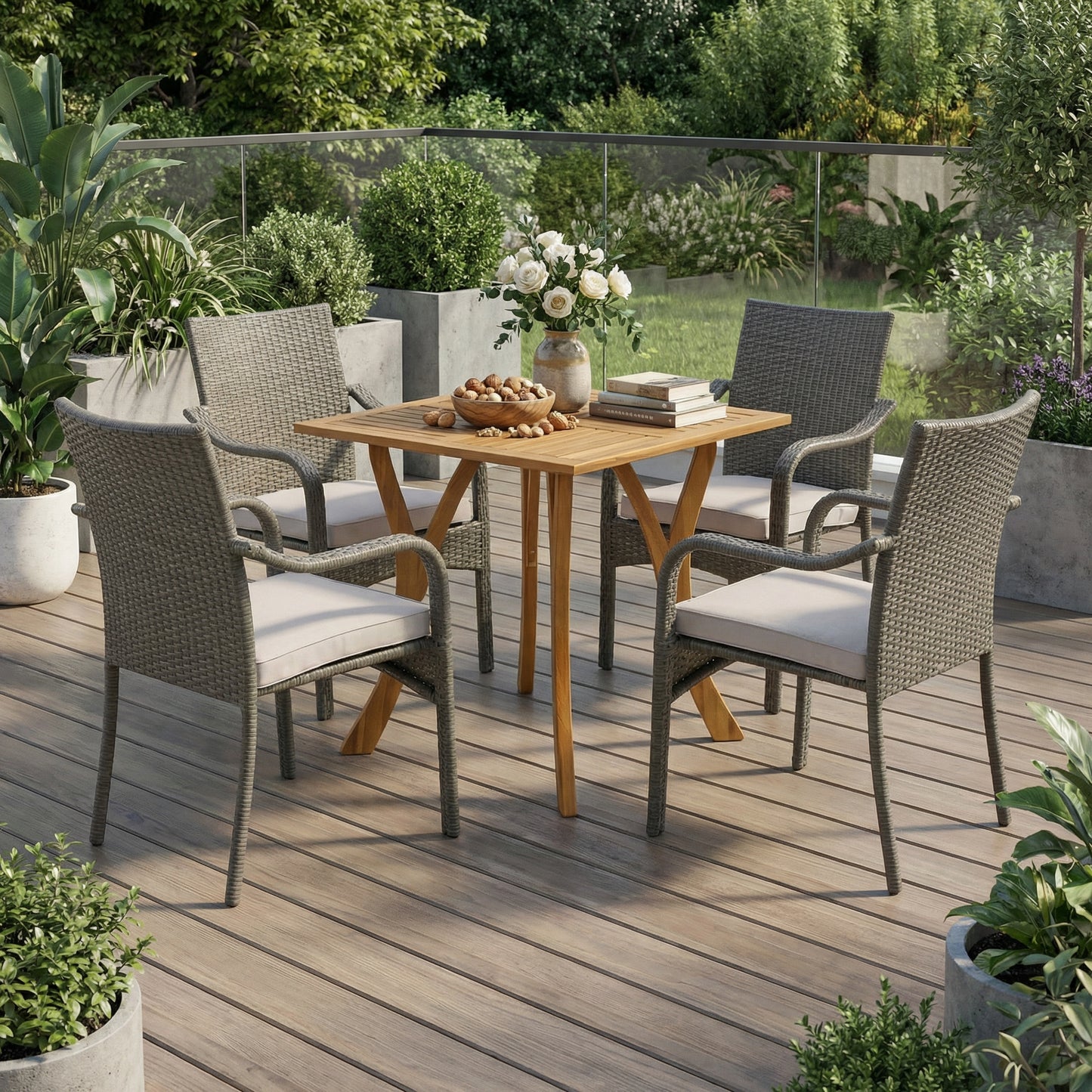 5 Piece Outdoor Dining Set, 31.5' Teak Finish Acacia Wood Table with 4 Grey Wicker Stackable Chairs, Silver Cushions, Easy Assembly Patio Set for Garden Backyard