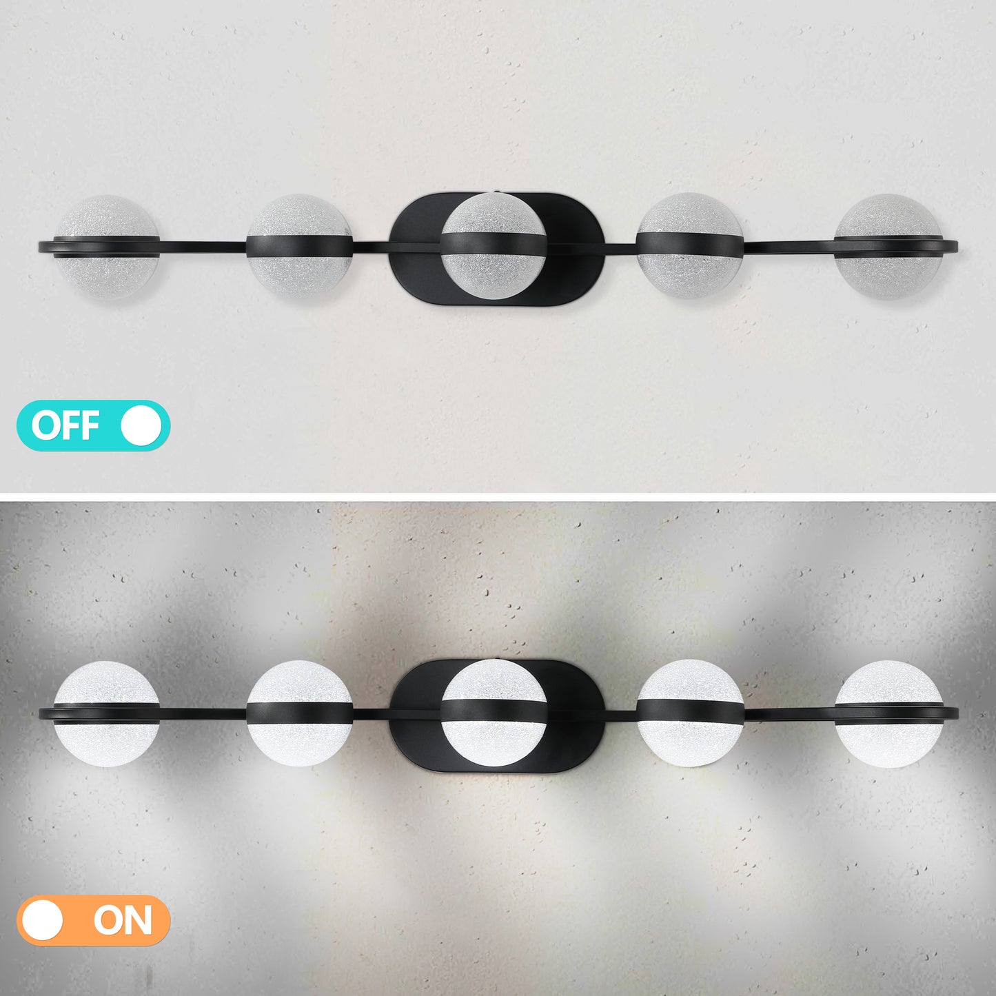 (NEW SKU:W1340P206793)Modern Minimalist Bathroom Vanity Light, LED 5 Bulb Frosted Glass Shades, Wall Mounted Decorative Lighting Fixture, Suitable for Bathroom Vanity Mirror (Black)