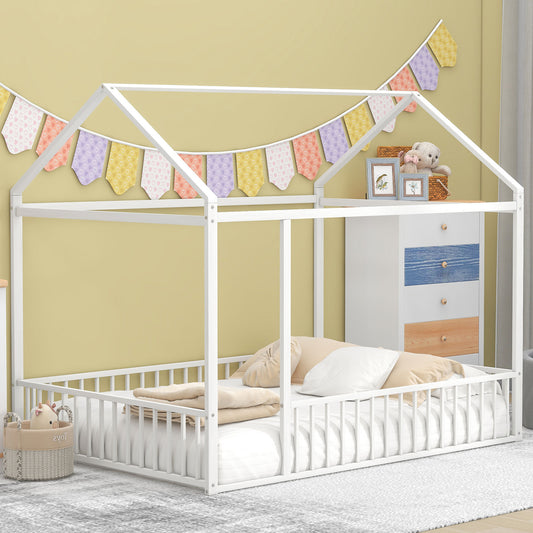 House Bed Full White and Pink Metal with Fence and Roof for Bedroom and Guest Room