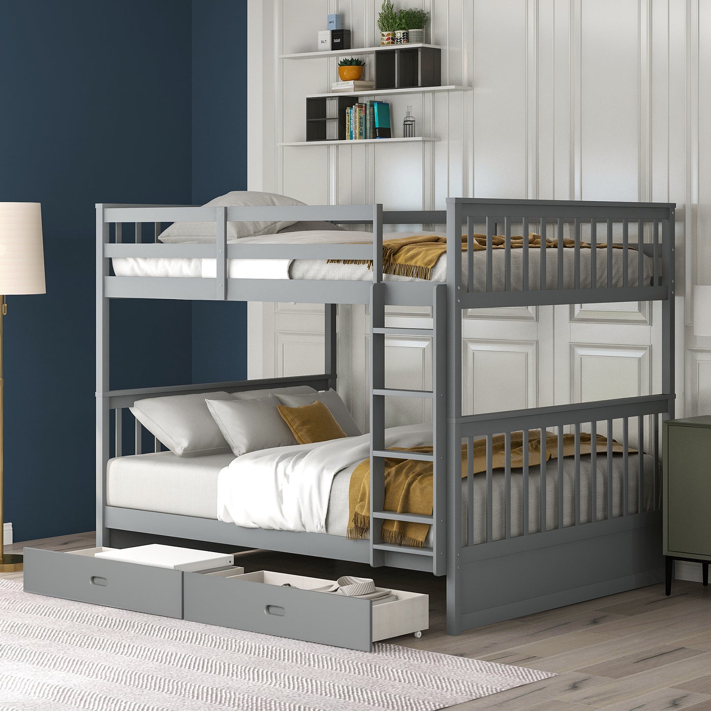Full-Over-Full Bunk Bed with Ladders and Two Storage Drawers
