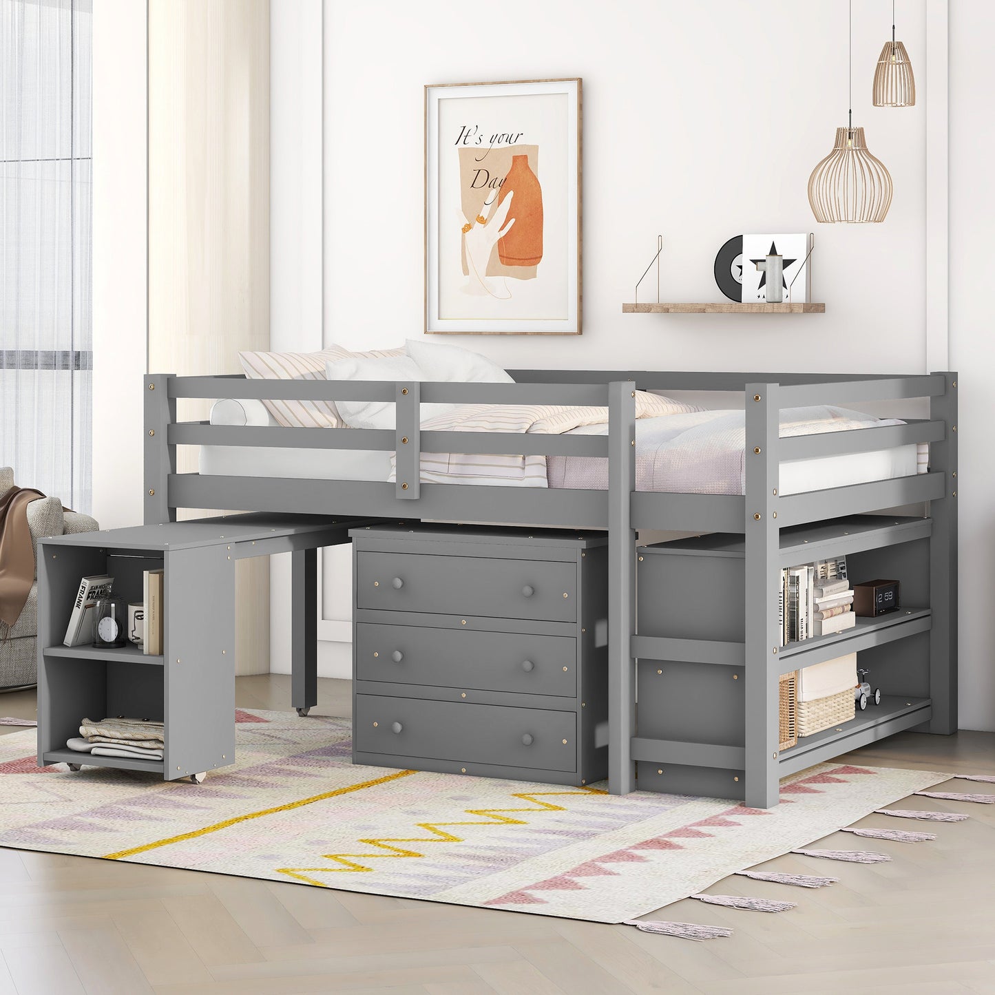 Low Study Full Loft Bed with Cabinet, Shelves and Rolling Portable Desk, Multiple Functions Bed