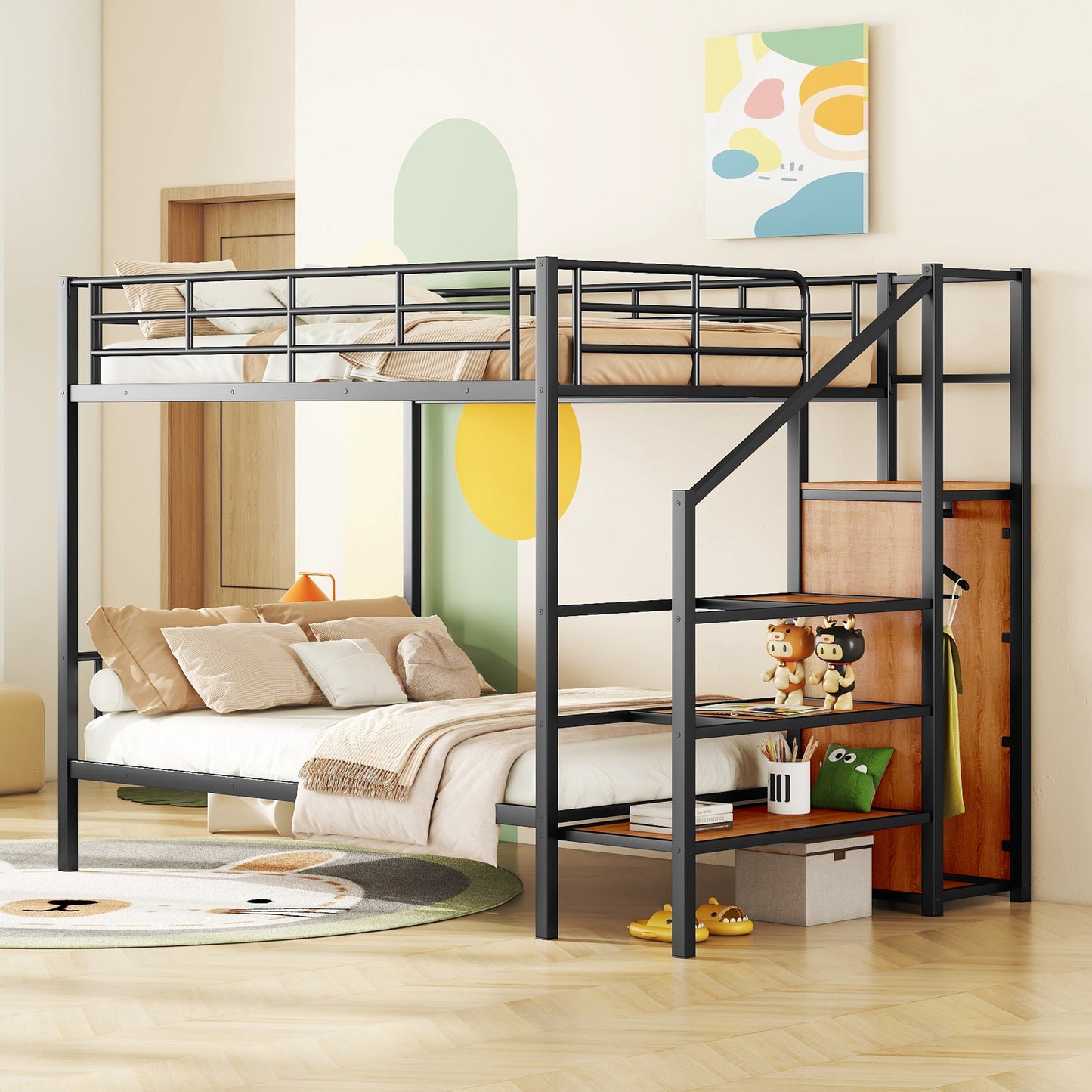 Full Over Full Metal Bunk Bed with Lateral Storage Ladder and Wardrobe
