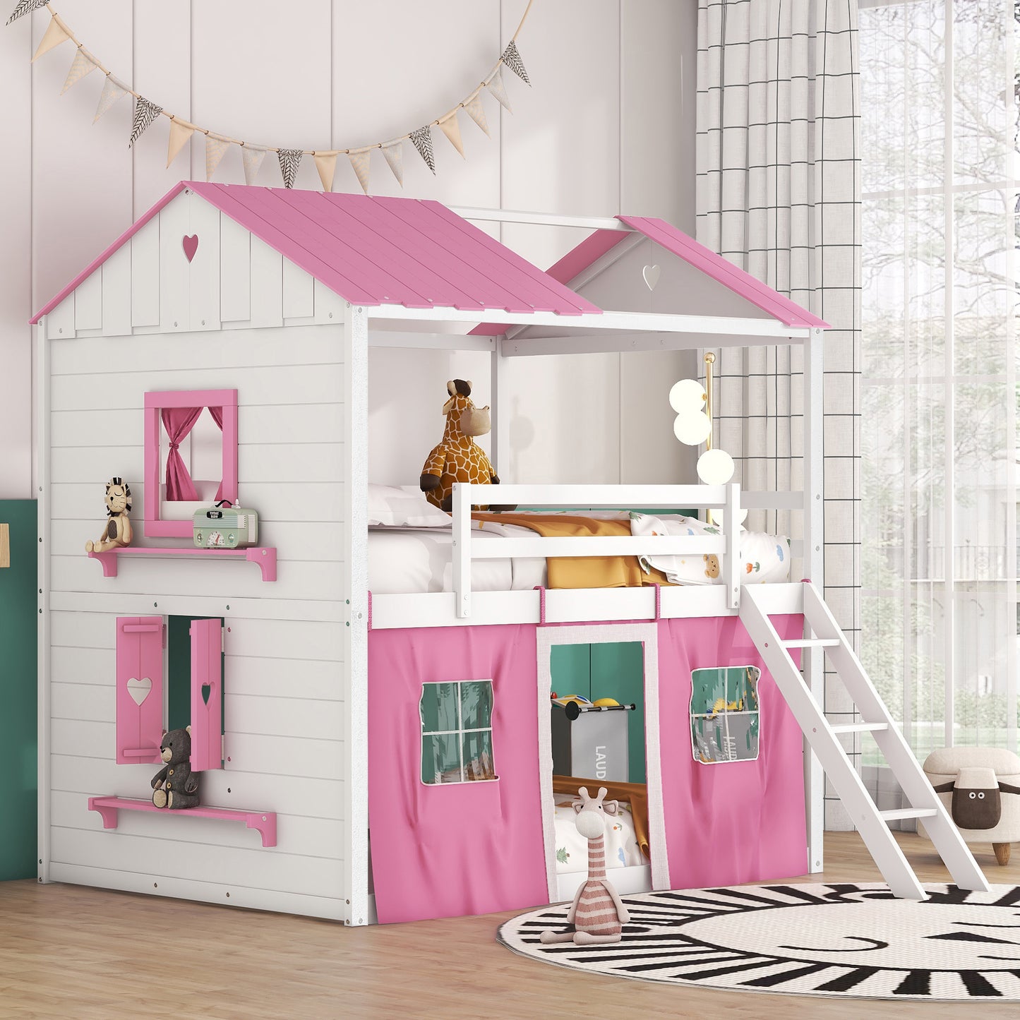 Full Size Bunk Wood House Bed with Elegant Windows, Sills and Tent