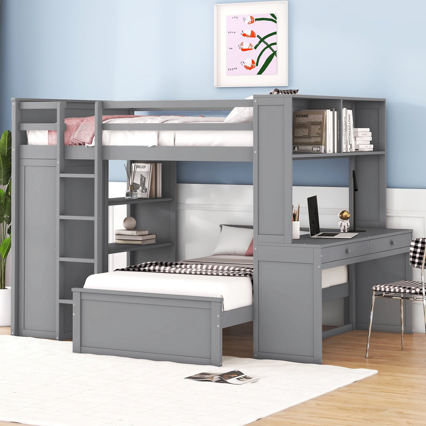 Full size Loft Bed with a twin size Stand-alone bed, Shelves, Desk, and Wardrobe