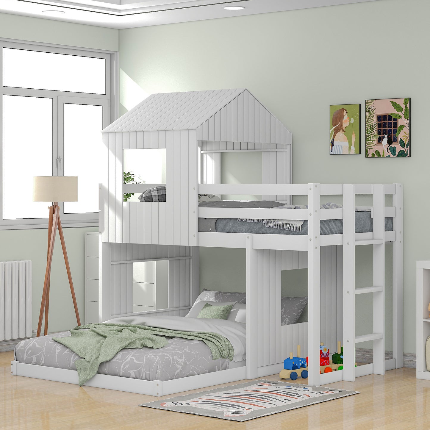 Wooden Twin Over Full Bunk Bed, Loft Bed with Playhouse, Farmhouse, Ladder and Guard